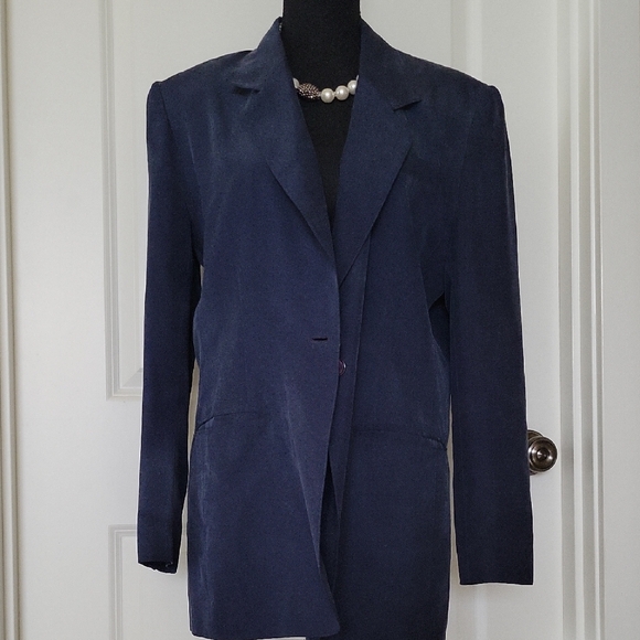 VTG PATRICK 100% Silk Elegant Navy Women's Blazer Size 10 - Picture 1 of 7